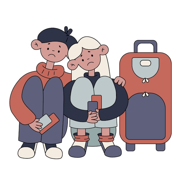 Vecteur image vectorielle illustration dessinée à la main famille de réfugiés, homme et femme tristes sont assis près des bagages