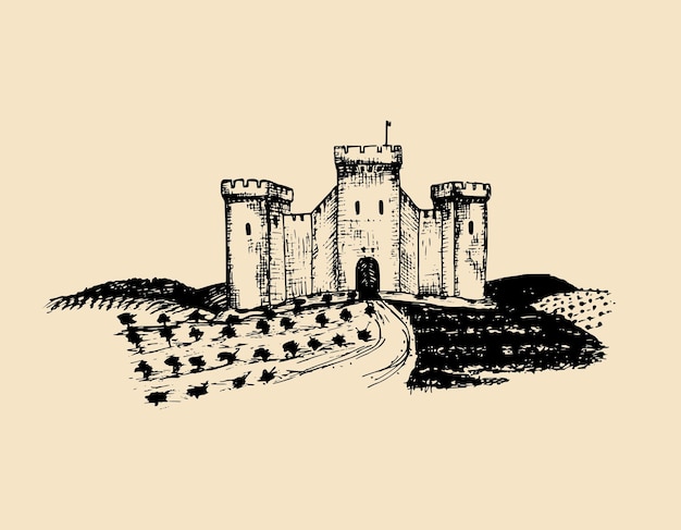 Image vectorielle illustration du vieux château Fond de la forteresse gothique Croquis dessiné à la main du paysage avec une ancienne tour parmi les champs ruraux et les collines