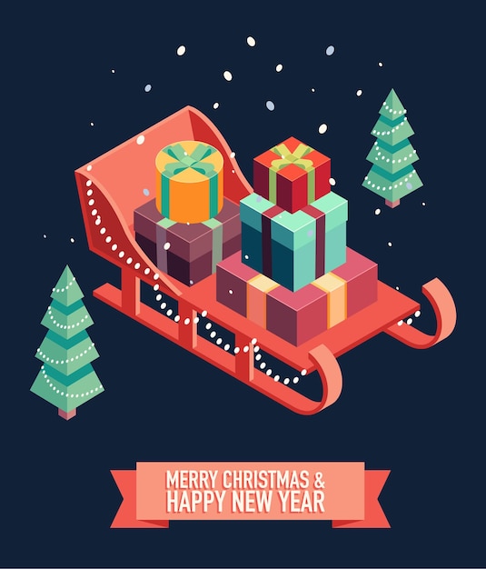 Image Vectorielle Isométrique D'un Traîneau Ouvert Avec Un Tas De Cadeaux. Carte Joyeux Noël Et Bonne Année