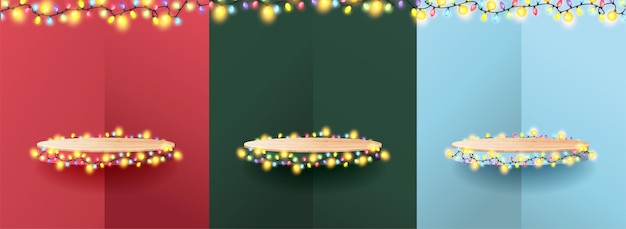 Image vectorielle Joyeux Noël avec une exposition de podium en bois affiche la cérémonie de remise des prix Présentation de produit en bois avec des lumières de Noël Guirlande de Noël colorée ampoules lumineuses sur des cordes métalliques