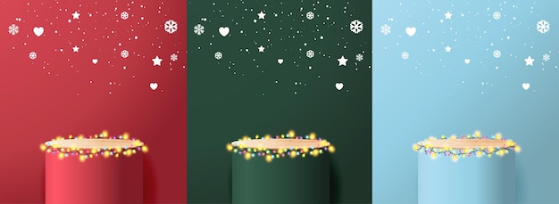 Image vectorielle Joyeux Noël avec une exposition de podium en bois affiche la cérémonie de remise des prix Présentation de produit en bois avec des lumières de Noël Guirlande de Noël colorée ampoules lumineuses sur des cordes métalliques