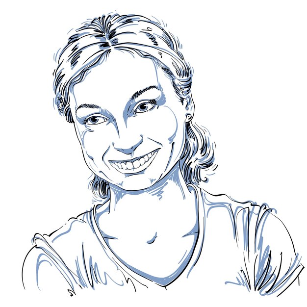 Vecteur image vectorielle monochrome dessinée à la main, jeune femme romantique souriante. illustration en noir et blanc d'une fille heureuse, émotions positives.