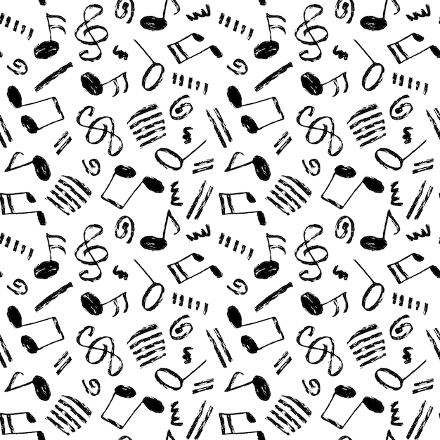 Image Vectorielle Motif Noir Et Blanc Sans Couture Dessiné à La Main Avec Des Notes De Musique à Rayures Tourbillonnantes Et Une Clé De Sol Toile De Fond Minimaliste Du Thème De La Musique Grunge