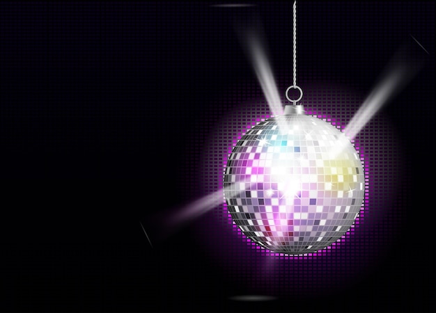 Image vectorielle réaliste d'une boule disco argentée avec des fusées éclairantes de couleurs vives