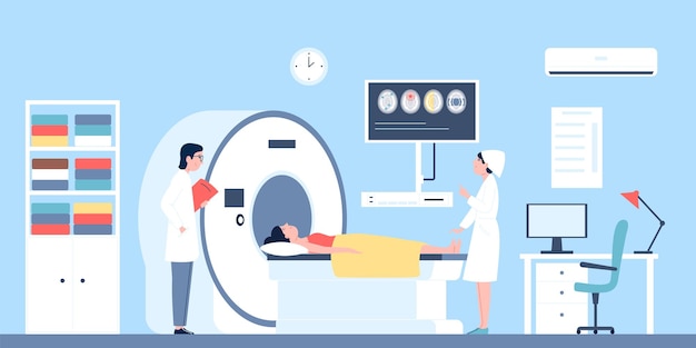 Vecteur imagerie par résonance magnétique dans une clinique moderne avec un médecin tomographie informatique par balayage cérébral ou mri soins de santé check-up à l'hôpital scène vectorielle récente