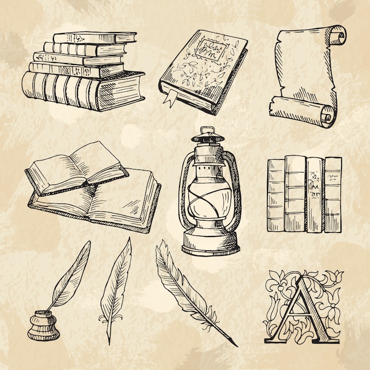 Vecteur images conceptuelles de la littérature. livres de dessins vintage et différents outils pour les écrivains