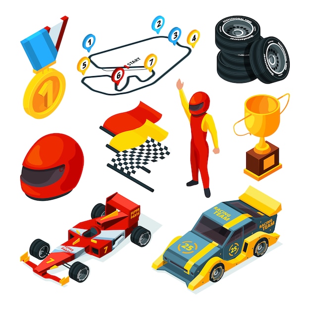 Images isométriques de voitures de course et symboles de formule 1