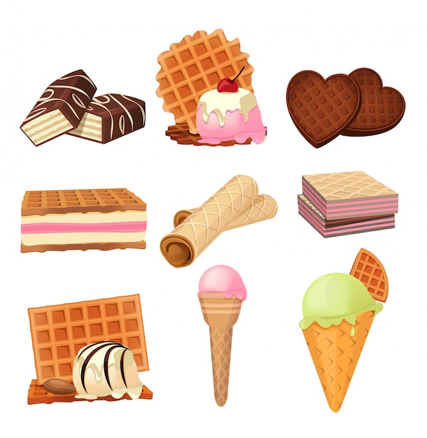 Images vectorielles ensemble de dessert vaffel à la crème. Illustrations isoler sur blanc