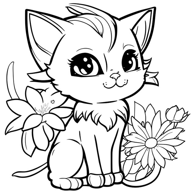 Vecteur imagineprompt livre de coloriage catblack une fleur blanche mignonne illustration vectorielle de ligne artistique