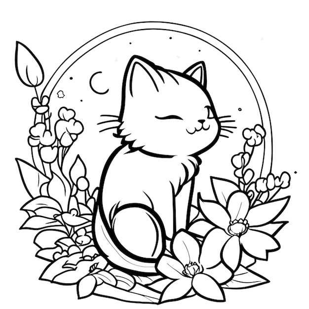 Vecteur imagineprompt livre de coloriage catblack une fleur blanche mignonne illustration vectorielle de ligne artistique