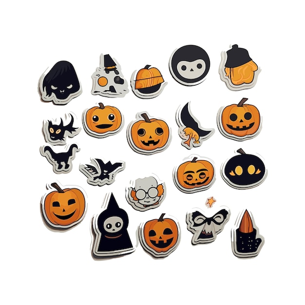 Imaginez Des Crânes De Pack D'autocollants D'halloween Vectoriels Et Un Style Citrouille