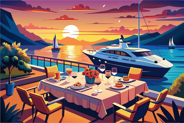 Vecteur imaginez une croisière au coucher du soleil à bord d'un yacht de luxe avec une cuisine gourmande et une vue imprenable sur la côte.