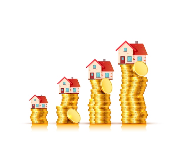 Immobilier financier, pièces d'or et maison. Illustration vectorielle