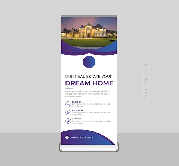 Vecteur immobilier roll up banner ou stand banner rack card ou dl flyer et modèle de conception de signalisation