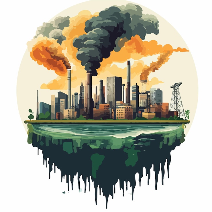 Vecteur les impacts de l'industrie et l'illustration du vecteur du réchauffement climatique