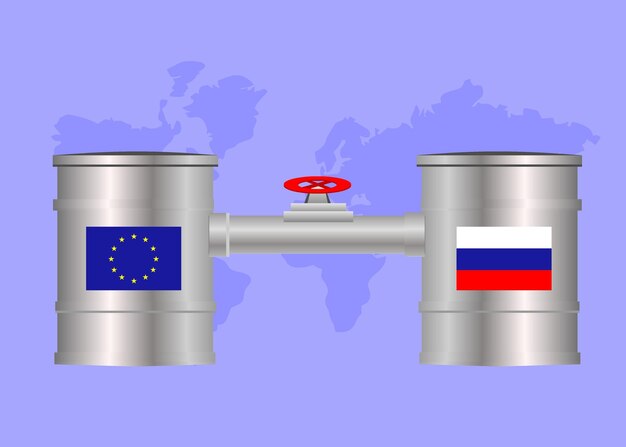 Importation et exportation de gaz, de pétrole et de carburant de la Russie vers l'Europe, barils, tuyau avec vecteur de soupape, gaz