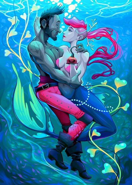 Impossible Mermaid Avec Pirate Sous L'eau Vector Fantasy Illustration