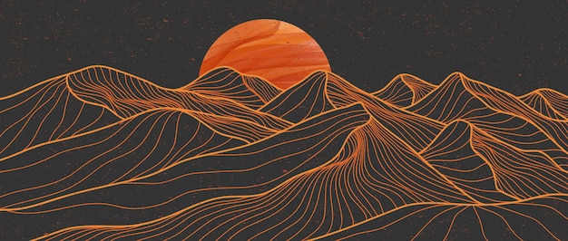 Impression d'art en ligne moderne et minimaliste créative Paysages d'arrière-plans esthétiques contemporains de montagne abstraits avec des illustrations vectorielles d'onde de mer de lune de montagne
