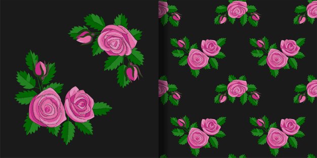 Impression De Broderie Rose Rose Et Ensemble De Motifs Sans Couture Fonds D'écran Pour Imprimés Textiles Et T-shirts