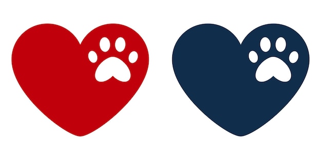 L'impression du cœur et de la patte Symbole d'amour pour les animaux de compagnie Logo de soins aux animaux minimalistes Dessin rouge et bleu foncé pour l'adoption d'animaux de compagnie Vétérinaire et de bienfaisance Illustration vectorielle pour les amateurs et les organisations animales