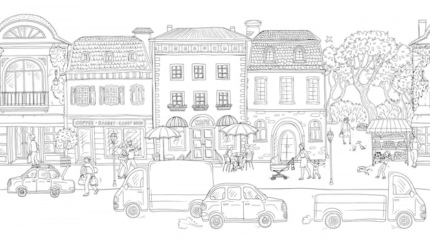 Impression De Fond Transparente. Illustration Vectorielle. Rue Urbaine Dans La Ville Européenne Historique. Gens Qui Marchent, Bâtiments Résidentiels Avec Cafés Et Boutiques