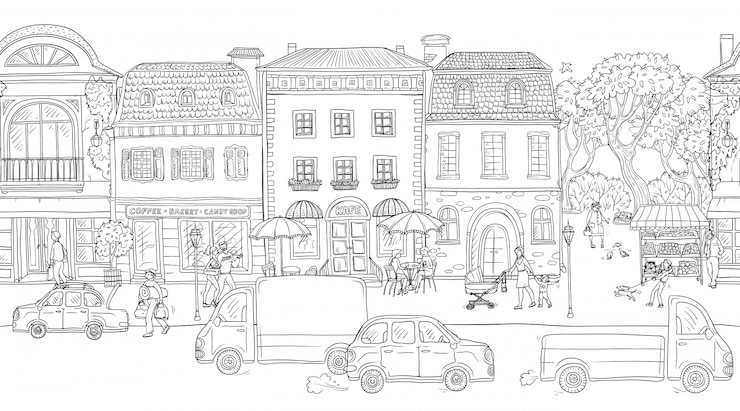 Vecteur impression de fond transparente. illustration vectorielle. rue urbaine dans la ville européenne historique. gens qui marchent, bâtiments résidentiels avec cafés et boutiques