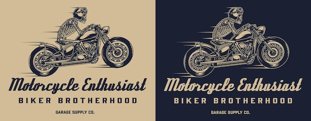 Impression Monochrome De Club De Moto Vintage Avec Moto De Course Squelette
