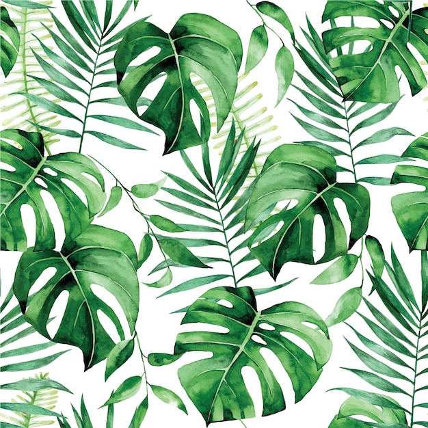 Vecteur impression de motif tropical harmonieux à l'aquarelle avec des feuilles vertes tropicales sur un palmier de fond blanc