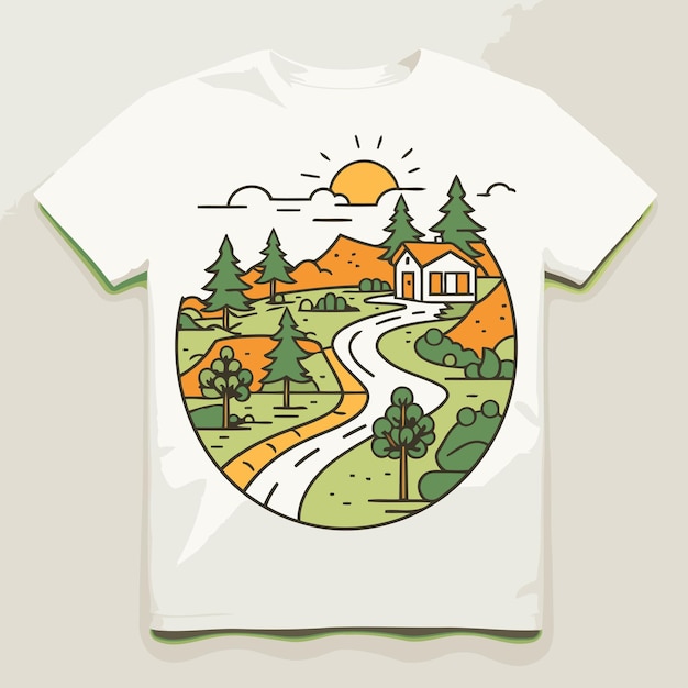 Vecteur impression de t-shirt avec l'image d'un paysage rural illustration vectorielle