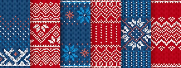 Impressions Sans Couture De Noël Six Motifs Tricotés Ensemble De Textures De Pull En Tricot Rouge Et Bleu Ornement D'hiver De Vacances