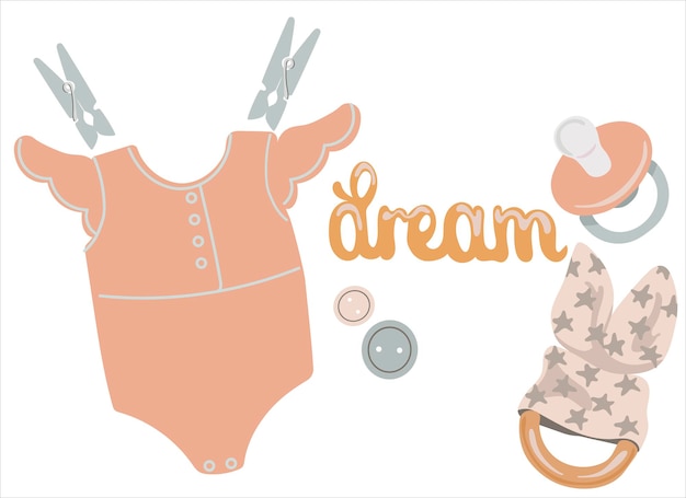 Vecteur imprimé pour enfants avec hochet factice body bébé dans un style écologique composition avec de jolis jouets pour bébé pour boho