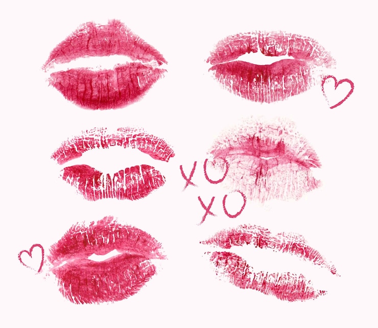 Imprimé romantique avec lèvres, coeurs et texte xoxo. Icônes de lèvres modernes. Phrase XOXO et rouge à lèvres réaliste
