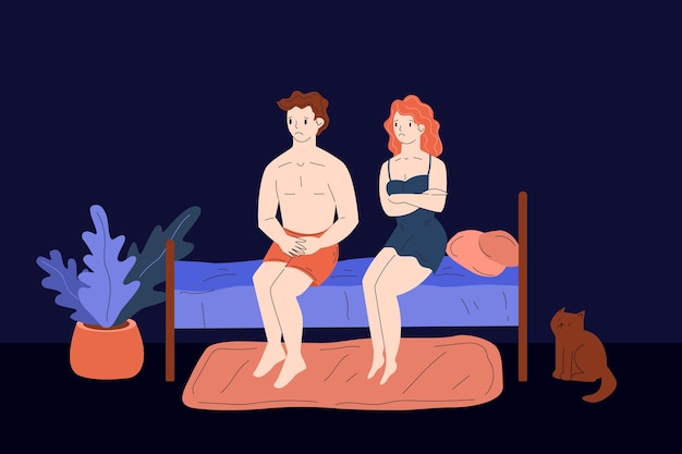 Vecteur impuissance et dysfonction érectile impuissance femme triste et homme au lit mauvais sexe prostatite