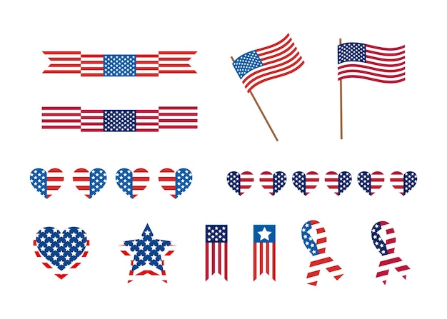 Independence Day United States icônes USA flag illustration signe ou symbole badges Patriot day USA set