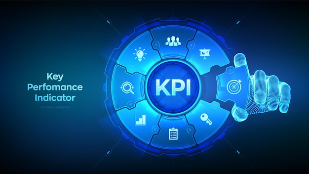 Indicateur de performance clé KPI Concept de technologie d'analyse commerciale et industrielle sur écran virtuel La main filaire place un élément dans une composition visualisant l'illustration vectorielle KPI