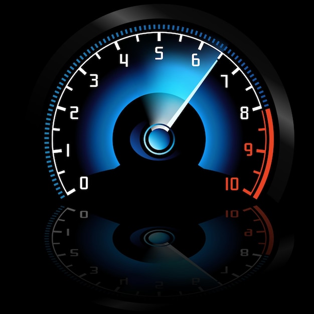 Vecteur indicateur de vitesse de voiture de tableau de bord lumineux sur un fond noir réfléchissant