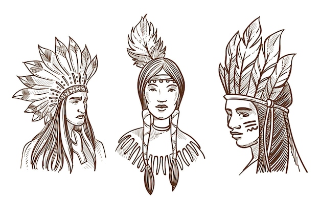 Indien D'origine Américaine Avec Chapeau De Plumes Croquis Portraits Vecteur Hommes Et Femme Avec Des Signes De Peinture Sur Le Visage Et Les Nattes Membre De La Tribu Chaman Tribal Ou Chef D'ethnie Guerrier Ou Chef Personnes Isolées