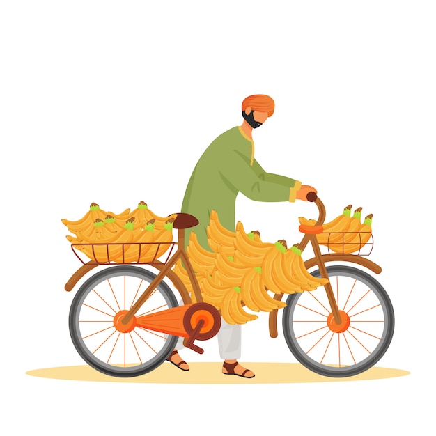 Indien De Sexe Masculin Portant Des Bananes à Vélo Caractère Plat Sans Couleur. Vendeur De Fruits Exotiques, Homme Avec Illustration De Dessin Animé De Cycle Isolé Pour Le Web Et L'animation