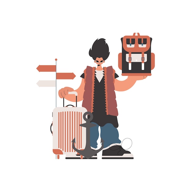 Vecteur l'individu tient un sac à dos de voyage et un pack contraint sur un établissement blanc style tendance illustration vectorielle