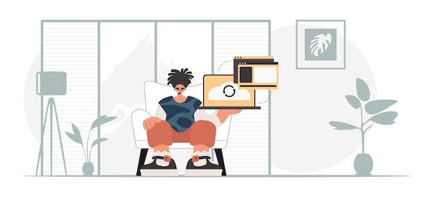 L'individu tient une tablette qui est synchronisée avec la capacité de données Illustration vectorielle de style tendance