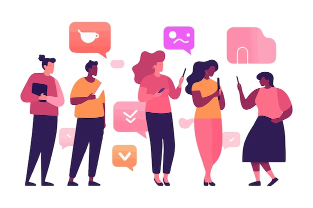 Des individus multiculturels interagissent avec des appareils de communication en ligne Divers hommes et femmes envoient des SMS ou discutent via des smartphones Technologie de connectivité Graphique vectoriel