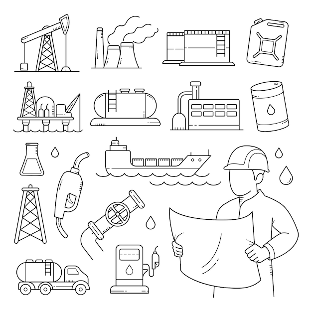 Industrie Pétrolière Et Gazière Doodle Illustration Vectorielle Dessinés à La Main