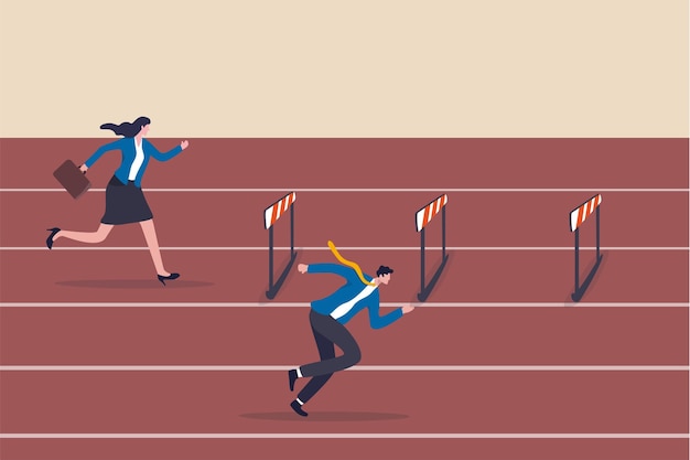 Inégalité entre les sexes discrimination des femmes ou des femmes opportunité injuste ou obstacle ou difficulté inégale pour le concept de leadership féminin femme d'affaires en concurrence avec les hommes avec plus d'obstacles difficiles