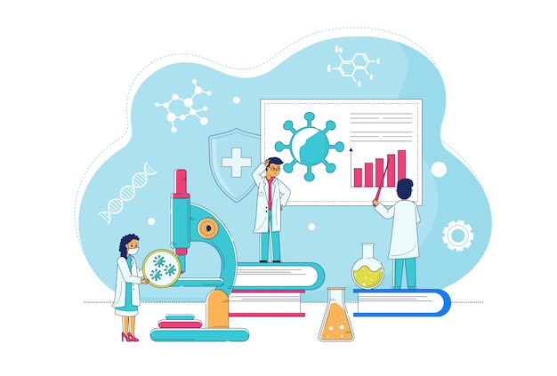 Infection à Coronavirus Examinée Par Des Scientifiques Et Des Médecins En Illustration Lineart De Laboratoire.