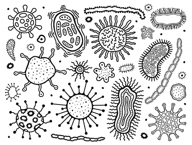 Infection à Coronovirus Covid-19, Microbe Dessiné à La Main. Pandémie Du 20e Siècle, Transmise Par Des Gouttelettes Aéroportées