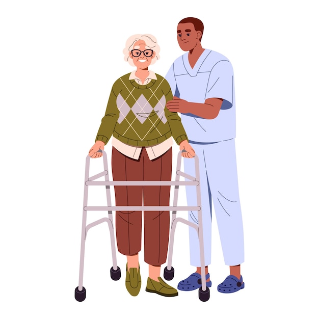 L'infirmière aide la vieille femme à marcher avec le marcheur Le médecin soutient l'aîné pendant la marche avec le cadre Le soignant se soucie de la vieille dame dans la clinique de l'hôpital Illustration de vecteur isolé plat sur fond blanc