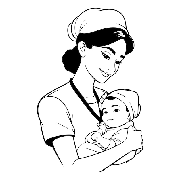 Infirmière Avec Un Bébé Dans Les Bras Illustration Vectorielle Dans Le Style De Dessin Animé