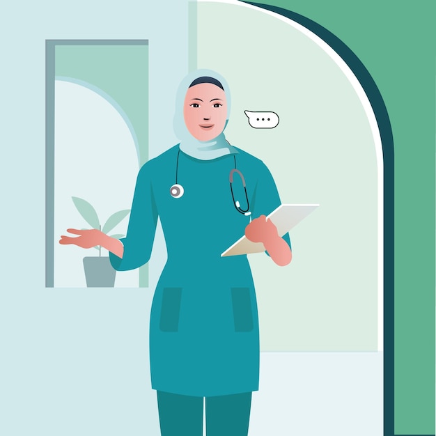 Vecteur infirmière avec hijab sourire à l'hôpital