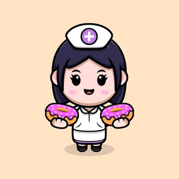 Infirmière Mignonne Tenant Une Illustration De Personnage De Dessin Animé Kawaii Donuts