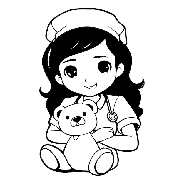 Vecteur infirmière avec ours en peluche personnage de dessin animé illustration vectorielle conception graphique